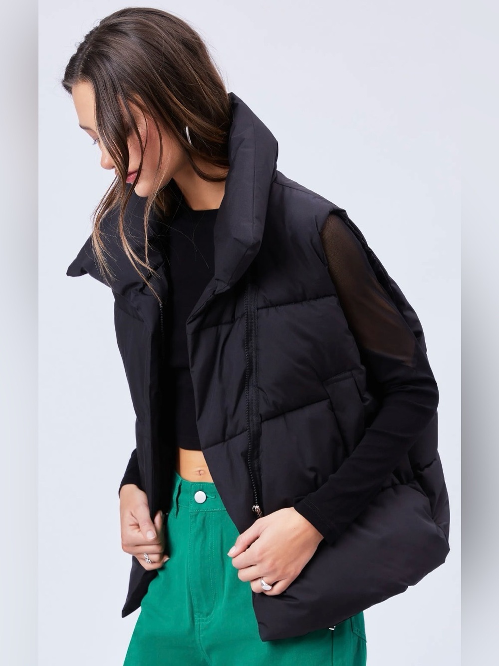 NWT - Cider Solid Black Thermal Quilted Vest w Asymmetrical Zipper - Oversized